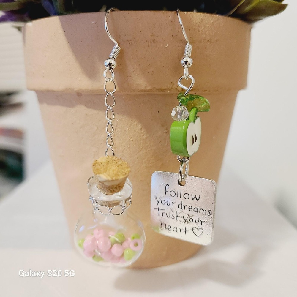 Handmade Whimsical Glass Bottle Earrings Follow‎ Your Dreams Charm Apple Dangle